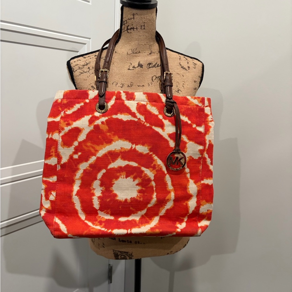 Michael Kors Orange and White Tie-Dye Canvas Tote with Brown Leather Straps